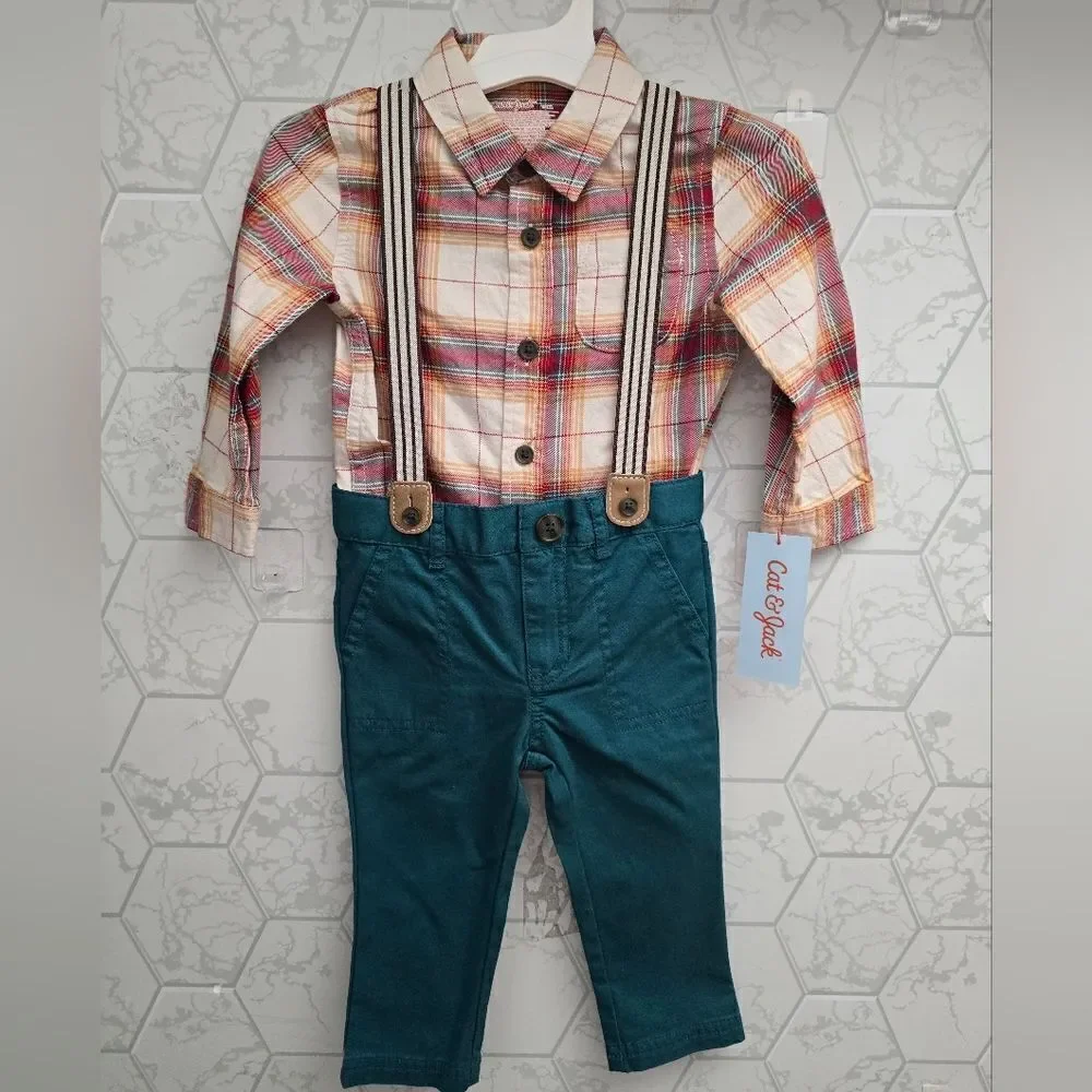Cat & Jack Toddler Boys' Plaid Button-Down Shirt and Suspender Pants 3pc set